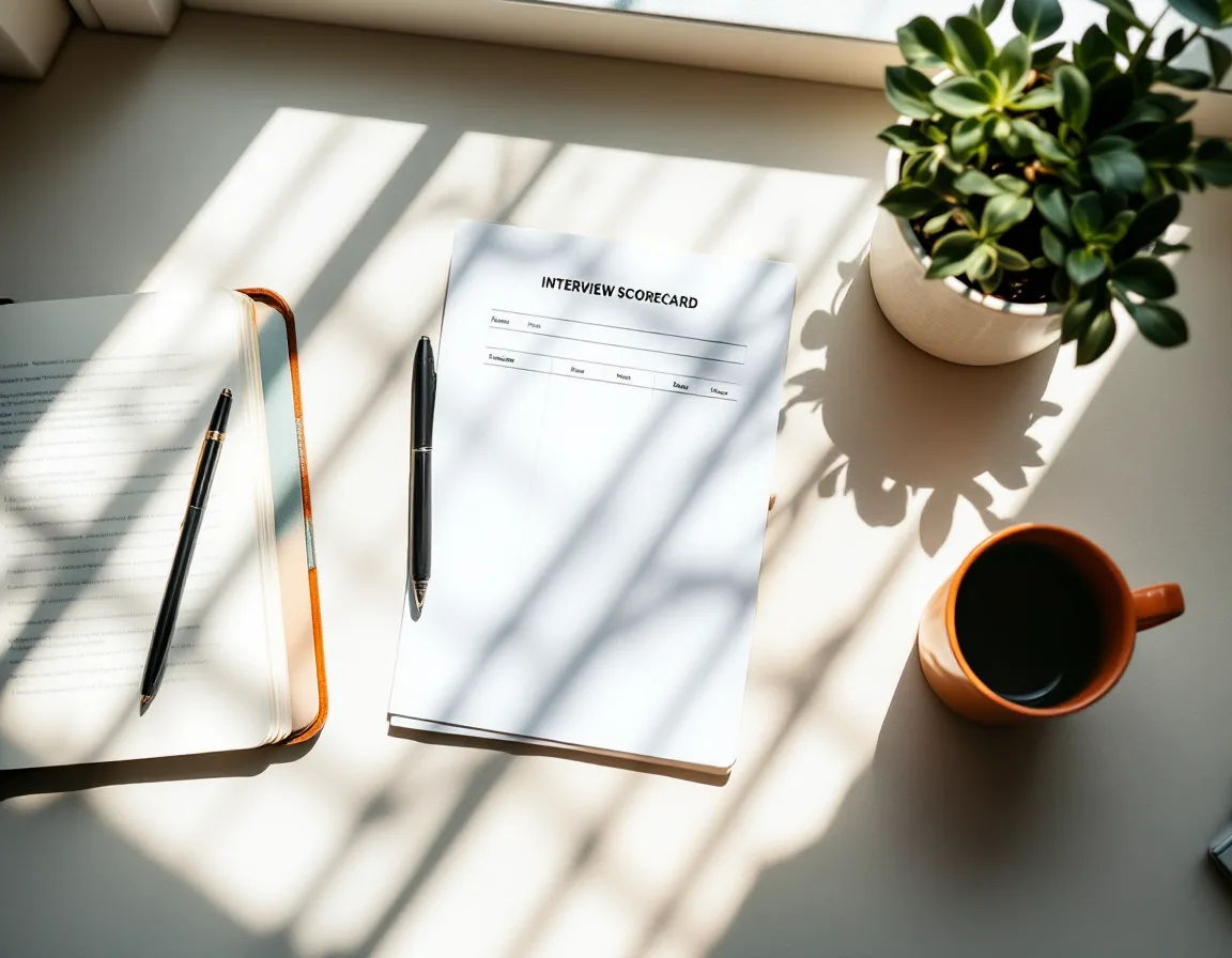 A sunlit desk with a printed interview scorecard and notebook